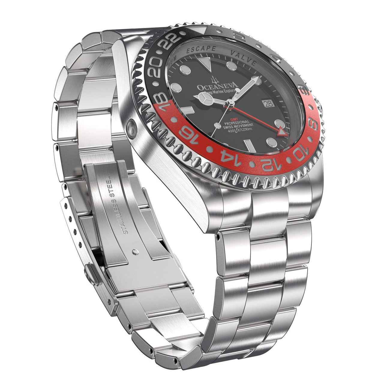 Oceaneva Men's GMT Deep Marine Explorer 1250m WR Pro Diver Red and Black Bezel Diver Watch - RD.RH.BK.GMT.ST 1250M diver, BGW9 Swiss-Superluminova, Dive Watch, GMT, GMT Wach, GMT Watch, Stainless Steel Dive Watch, Stainless Steel Watch, Swiss Quartz Movement