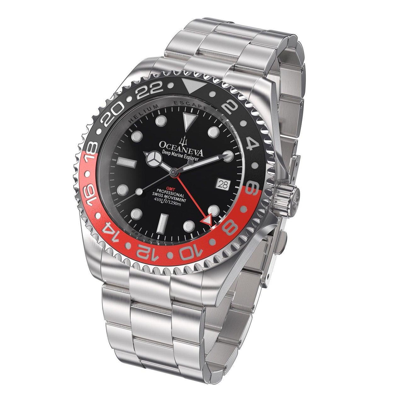 Oceaneva Men's GMT Deep Marine Explorer 1250m WR Pro Diver Red and Black Bezel Diver Watch - RD.RH.BK.GMT.ST 1250M diver, BGW9 Swiss-Superluminova, Dive Watch, GMT, GMT Wach, GMT Watch, Stainless Steel Dive Watch, Stainless Steel Watch, Swiss Quartz Movement