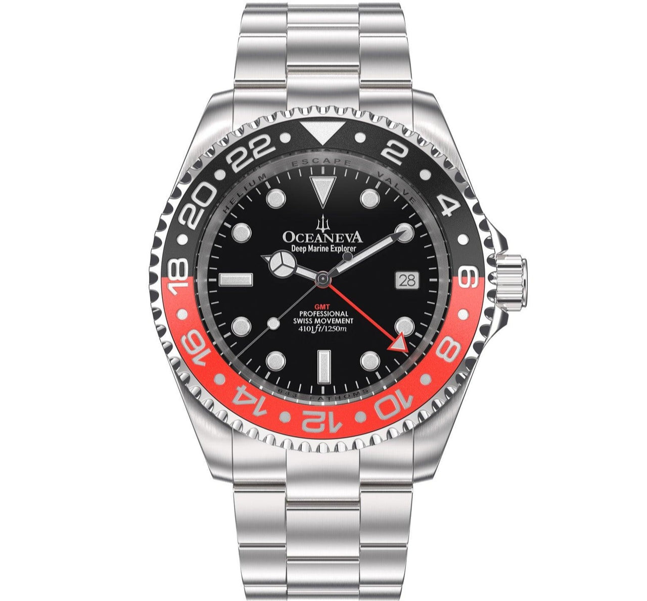 Oceaneva Men's GMT Deep Marine Explorer 1250m WR Pro Diver Red and Black Bezel Diver Watch - RD.RH.BK.GMT.ST 1250M diver, BGW9 Swiss-Superluminova, Dive Watch, GMT, GMT Wach, GMT Watch, Stainless Steel Dive Watch, Stainless Steel Watch, Swiss Quartz Movement