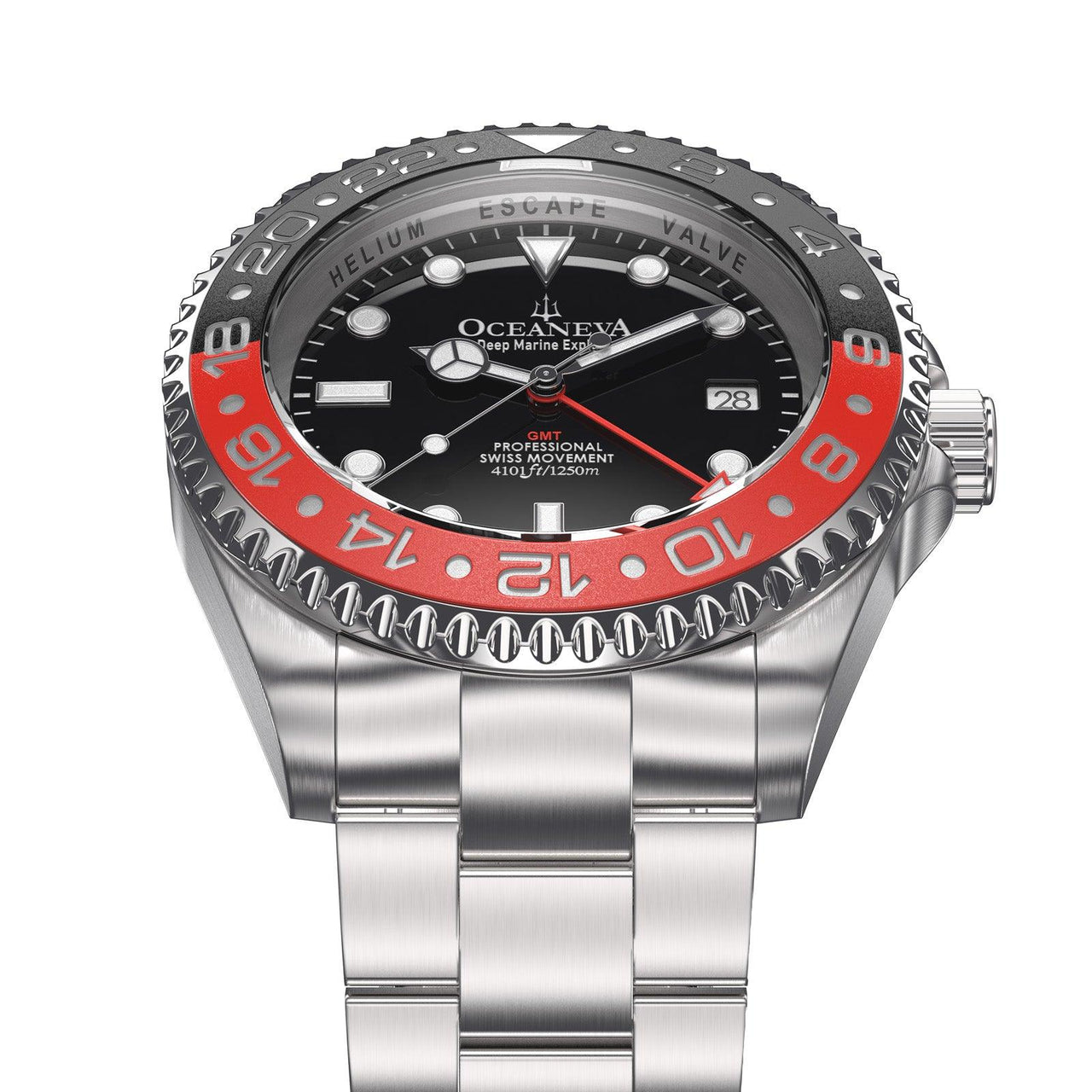 Oceaneva Men's GMT Deep Marine Explorer 1250m WR Pro Diver Red and Black Bezel Diver Watch - RD.RH.BK.GMT.ST 1250M diver, BGW9 Swiss-Superluminova, Dive Watch, GMT, GMT Wach, GMT Watch, Stainless Steel Dive Watch, Stainless Steel Watch, Swiss Quartz Movement