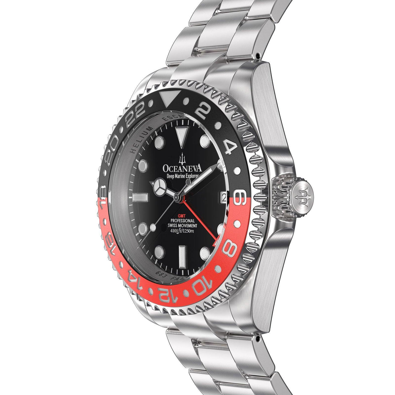 Oceaneva Men's GMT Deep Marine Explorer 1250m WR Pro Diver Red and Black Bezel Diver Watch - RD.RH.BK.GMT.ST 1250M diver, BGW9 Swiss-Superluminova, Dive Watch, GMT, GMT Wach, GMT Watch, Stainless Steel Dive Watch, Stainless Steel Watch, Swiss Quartz Movement