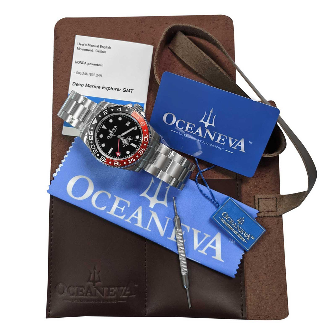 Oceaneva Men's GMT Deep Marine Explorer 1250m WR Pro Diver Red and Black Bezel Diver Watch - RD.RH.BK.GMT.ST 1250M diver, BGW9 Swiss-Superluminova, Dive Watch, GMT, GMT Wach, GMT Watch, Stainless Steel Dive Watch, Stainless Steel Watch, Swiss Quartz Movement