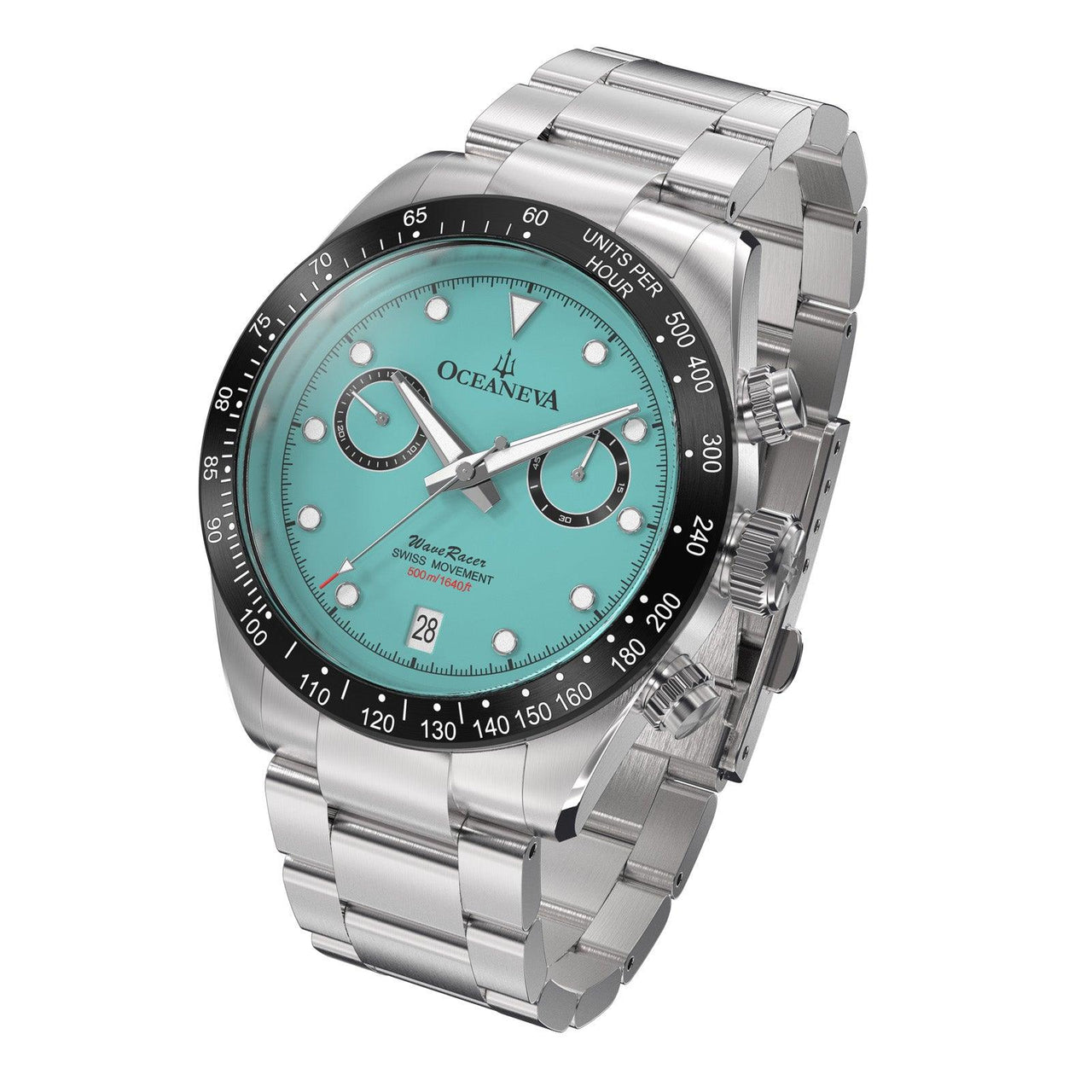 Oceaneva Men's WaveRacer™ 500M Pro Diver Aquamarine Color Dial Chronograph Watch - WR.MT.BK.RH.ST 316L Stainless Steel Watch, 500M Diver, 500m Diver Watch, Chronograph, Chronograph Watch, dive watch, Precision Swiss Quartz Movement