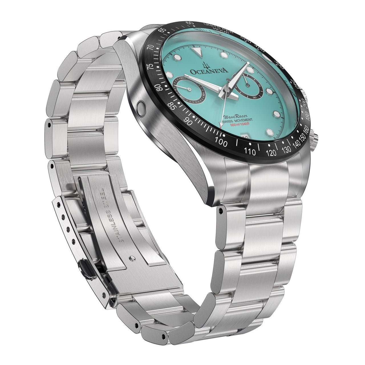 Oceaneva Men's WaveRacer™ 500M Pro Diver Aquamarine Color Dial Chronograph Watch - WR.MT.BK.RH.ST 316L Stainless Steel Watch, 500M Diver, 500m Diver Watch, Chronograph, Chronograph Watch, dive watch, Precision Swiss Quartz Movement