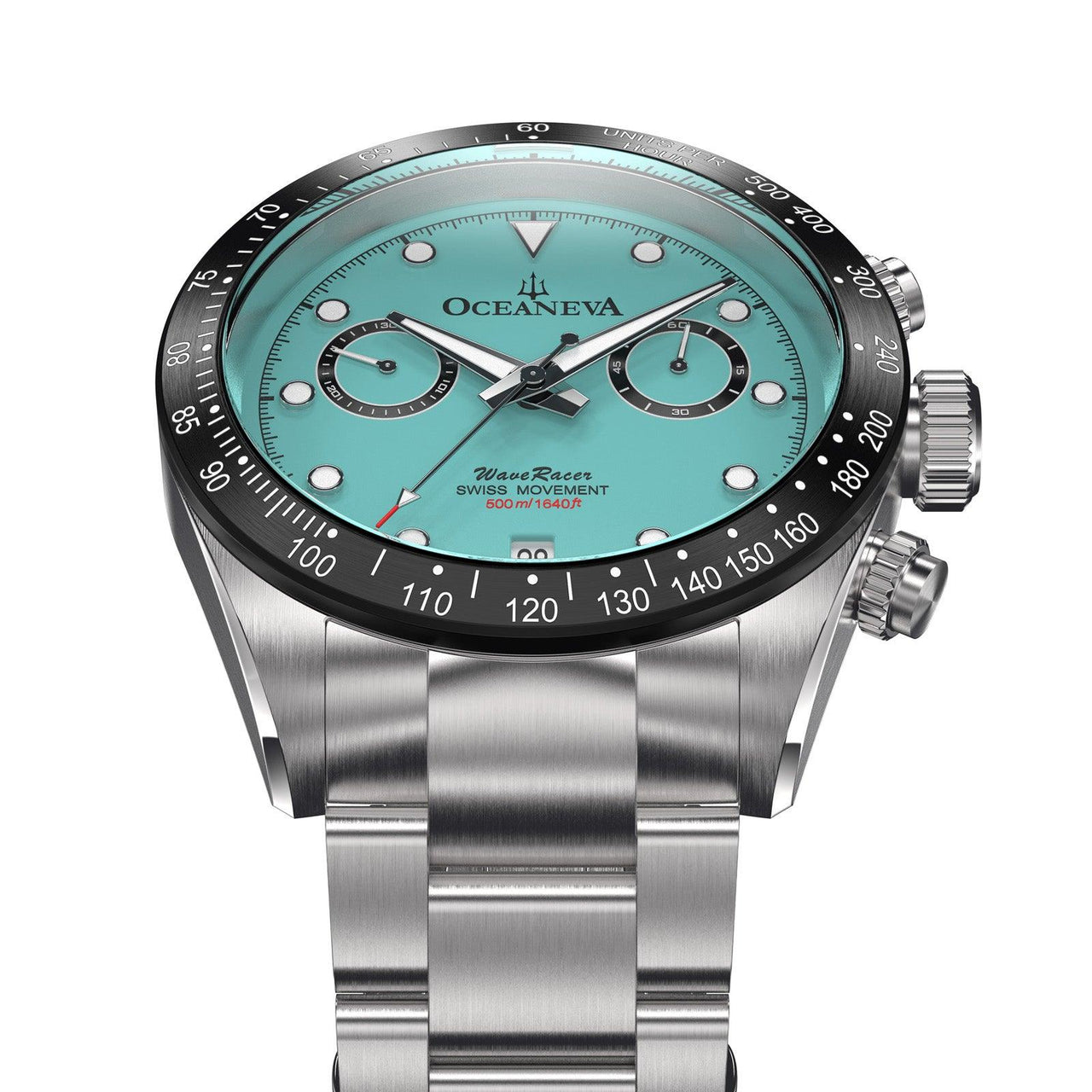 Oceaneva Men's WaveRacer™ 500M Pro Diver Aquamarine Color Dial Chronograph Watch - WR.MT.BK.RH.ST 316L Stainless Steel Watch, 500M Diver, 500m Diver Watch, Chronograph, Chronograph Watch, dive watch, Precision Swiss Quartz Movement