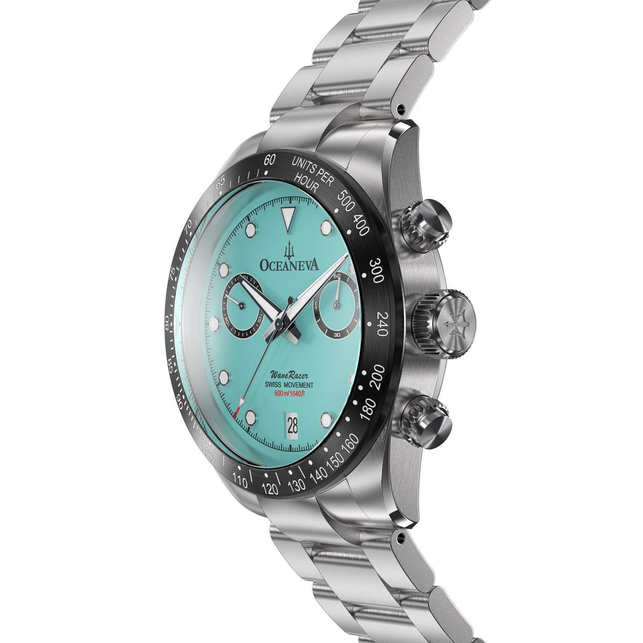 Oceaneva Men's WaveRacer™ 500M Pro Diver Aquamarine Color Dial Chronograph Watch - WR.MT.BK.RH.ST 316L Stainless Steel Watch, 500M Diver, 500m Diver Watch, Chronograph, Chronograph Watch, dive watch, Precision Swiss Quartz Movement