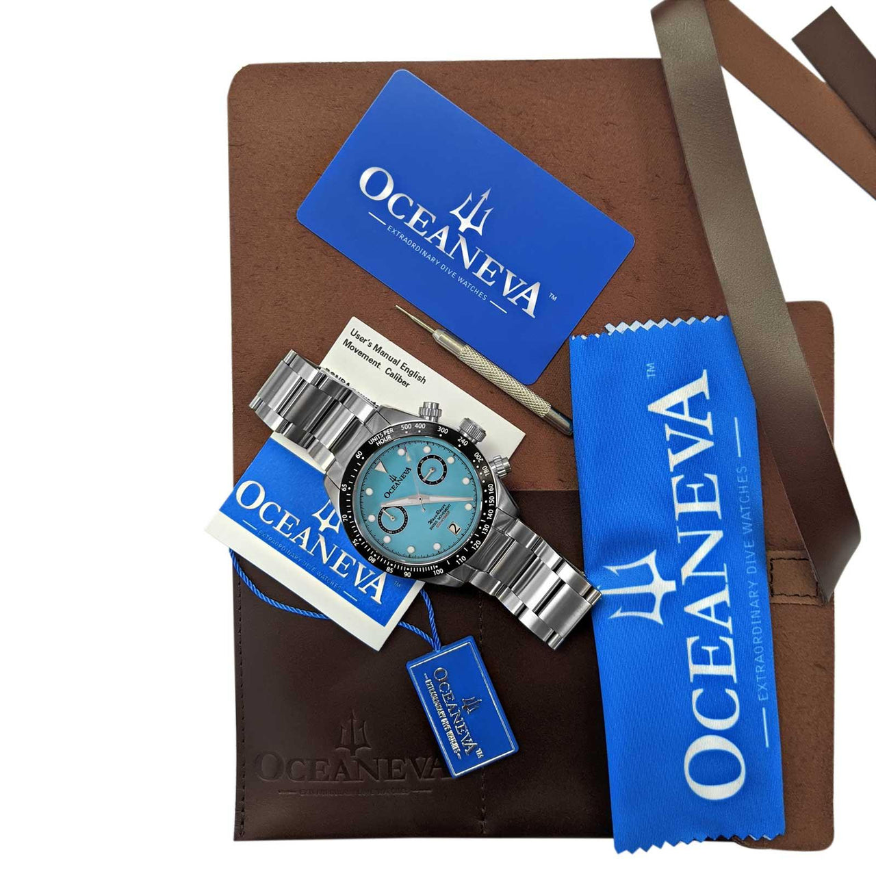 Oceaneva Men's WaveRacer™ 500M Pro Diver Aquamarine Color Dial Chronograph Watch - WR.MT.BK.RH.ST 316L Stainless Steel Watch, 500M Diver, 500m Diver Watch, Chronograph, Chronograph Watch, dive watch, Precision Swiss Quartz Movement