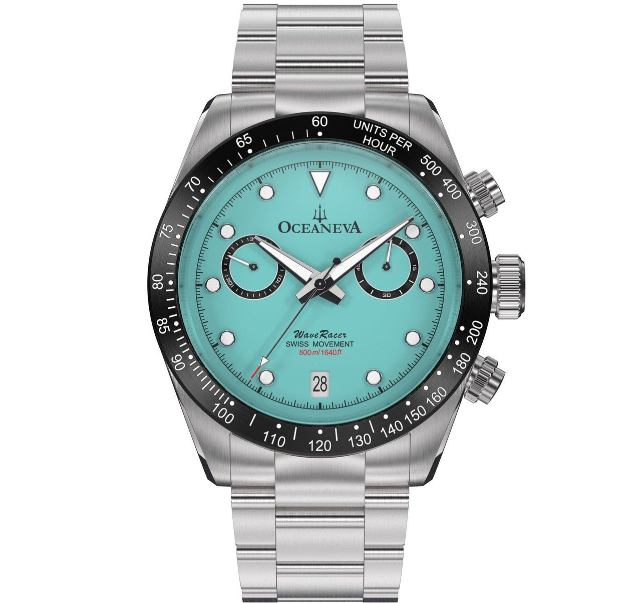 Oceaneva Men's WaveRacer™ 500M Pro Diver Aquamarine Color Dial Chronograph Watch - WR.MT.BK.RH.ST 316L Stainless Steel Watch, 500M Diver, 500m Diver Watch, Chronograph, Chronograph Watch, dive watch, Precision Swiss Quartz Movement