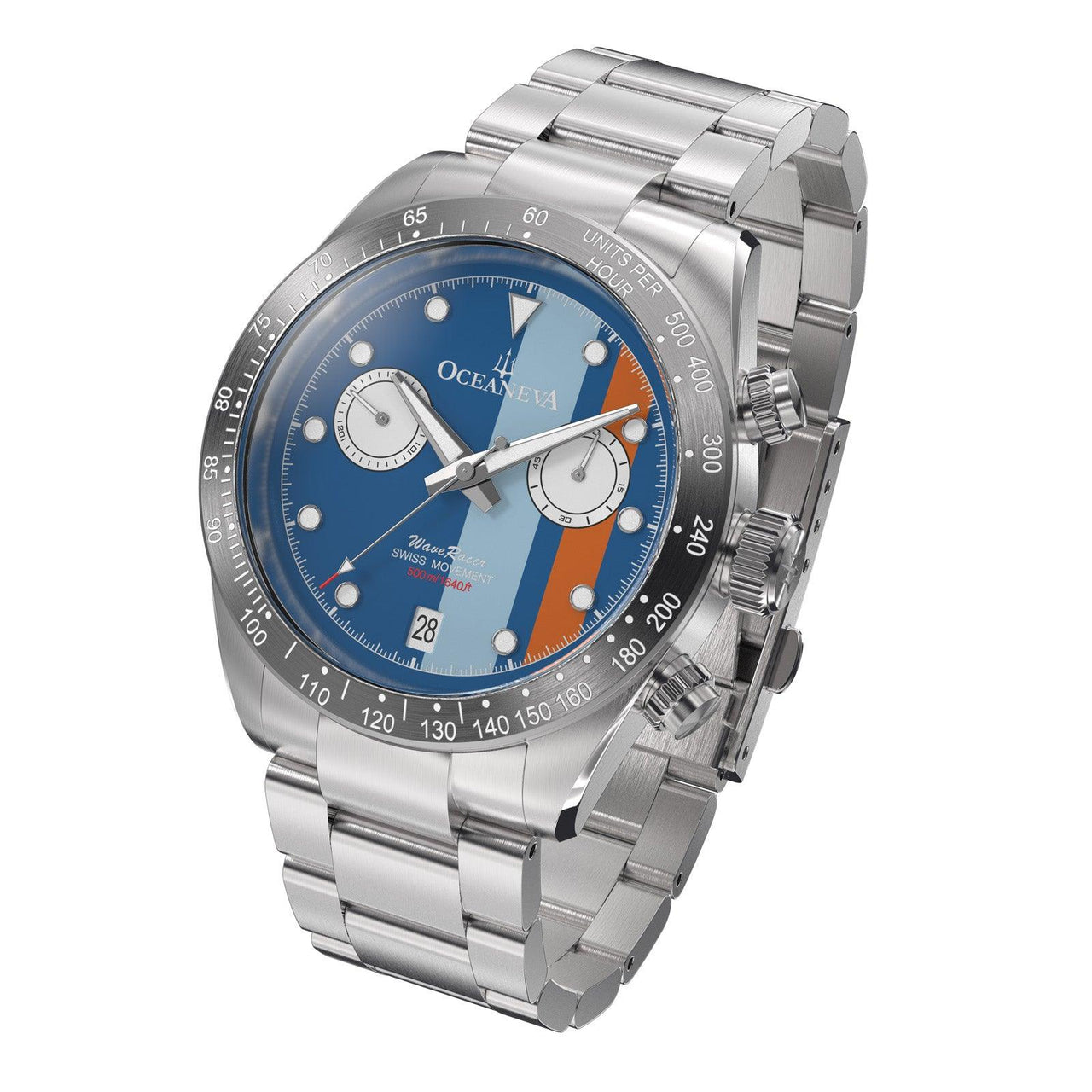 Oceaneva Men's WaveRacer™ 500M Pro Diver Blue Dial Racing Stripes Chronograph Watch - WR.BL.STR.RH.ST 316L Stainless Steel Watch, 500M Diver, 500m Diver Watch, Chronograph, Chronograph Watch, dive watch, Precision Swiss Quartz Movement