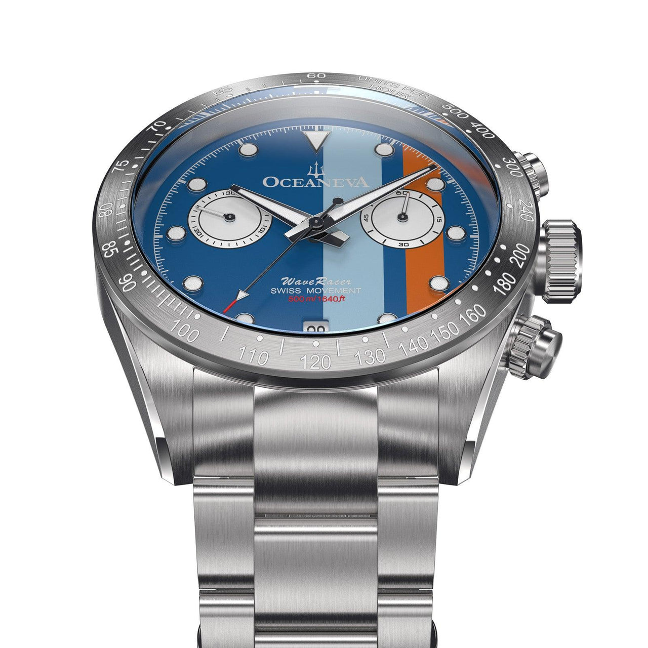 Oceaneva Men's WaveRacer™ 500M Pro Diver Blue Dial Racing Stripes Chronograph Watch - WR.BL.STR.RH.ST 316L Stainless Steel Watch, 500M Diver, 500m Diver Watch, Chronograph, Chronograph Watch, dive watch, Precision Swiss Quartz Movement