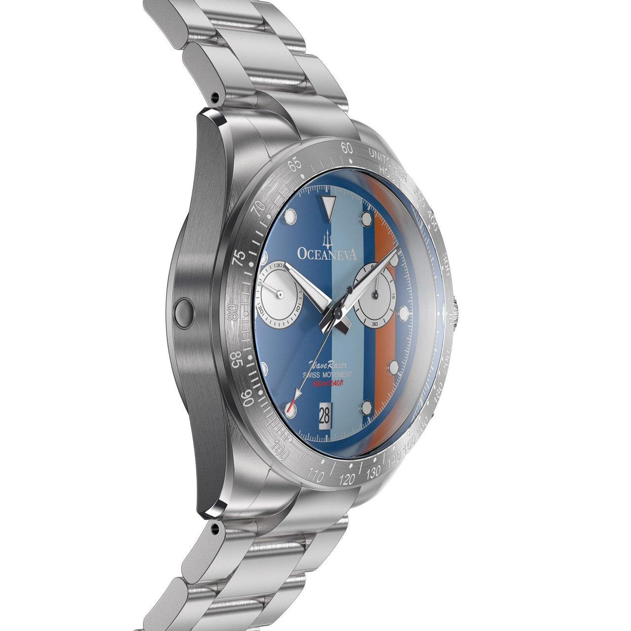 Oceaneva Men's WaveRacer™ 500M Pro Diver Blue Dial Racing Stripes Chronograph Watch - WR.BL.STR.RH.ST 316L Stainless Steel Watch, 500M Diver, 500m Diver Watch, Chronograph, Chronograph Watch, dive watch, Precision Swiss Quartz Movement