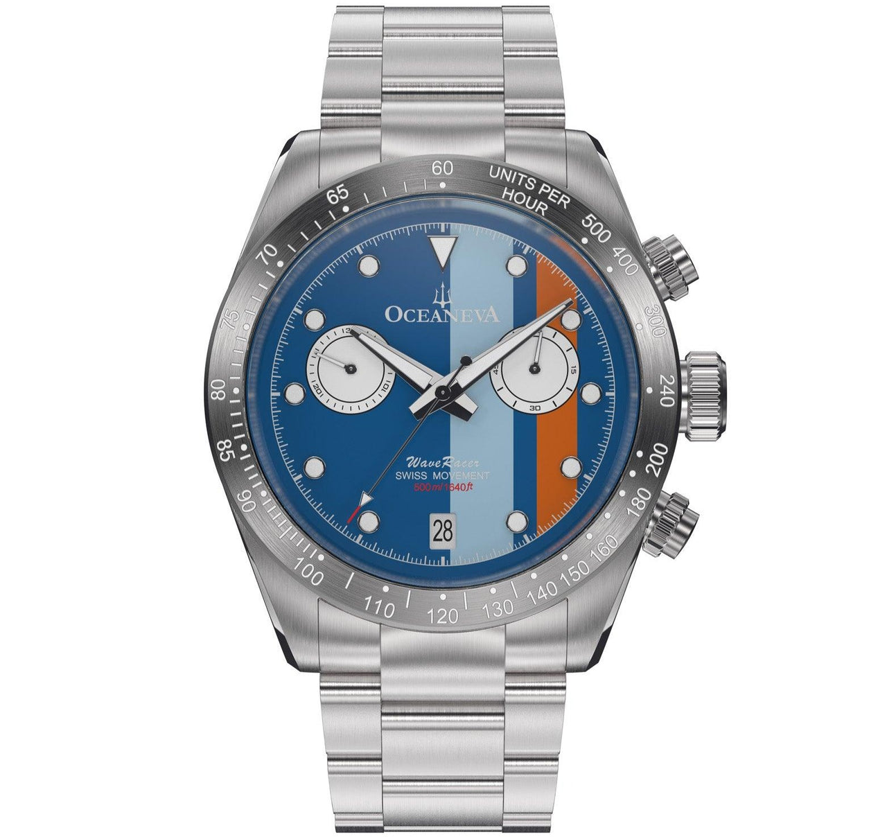 Oceaneva Men's WaveRacer™ 500M Pro Diver Blue Dial Racing Stripes Chronograph Watch - WR.BL.STR.RH.ST 316L Stainless Steel Watch, 500M Diver, 500m Diver Watch, Chronograph, Chronograph Watch, dive watch, Precision Swiss Quartz Movement
