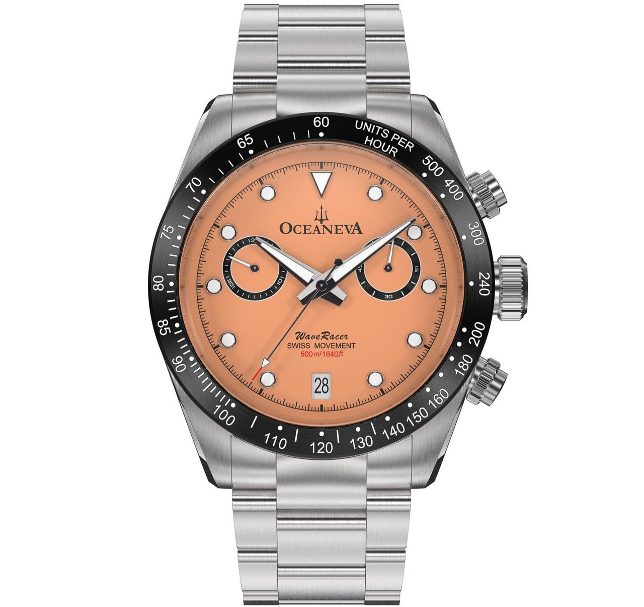 Oceaneva Men's WaveRacer™ 500M Pro Diver Salmon Dial Chronograph Watch - WR.SL.BK.RH.ST 316L Stainless Steel Watch, 500M Diver, 500m Diver Watch, Chronograph, Chronograph Watch, dive watch, Precision Swiss Quartz Movement