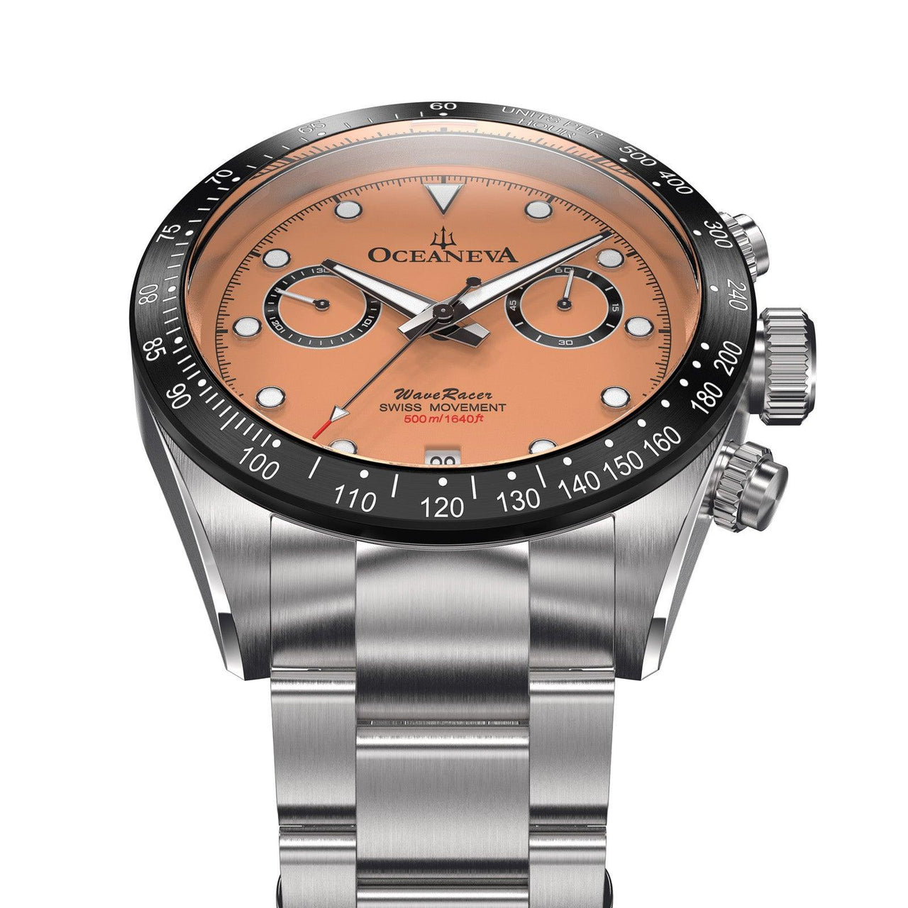 Oceaneva Men's WaveRacer™ 500M Pro Diver Salmon Dial Chronograph Watch - WR.SL.BK.RH.ST 316L Stainless Steel Watch, 500M Diver, 500m Diver Watch, Chronograph, Chronograph Watch, dive watch, Precision Swiss Quartz Movement