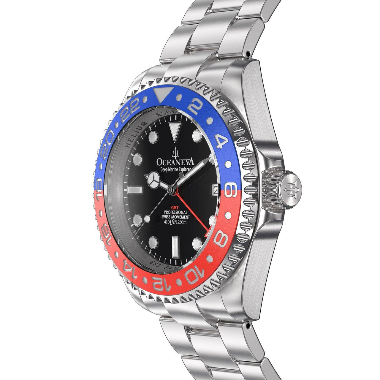 Oceaneva Men's GMT Deep Marine Explorer 1250M Pro Diver Watch Blue and Red - RD.RH.BL.GMT.ST Dive Watch, GMT, GMT Wach, GMT Watch, Stainless Steel Dive Watch, Stainless Steel Watch, Swiss Quartz Movement