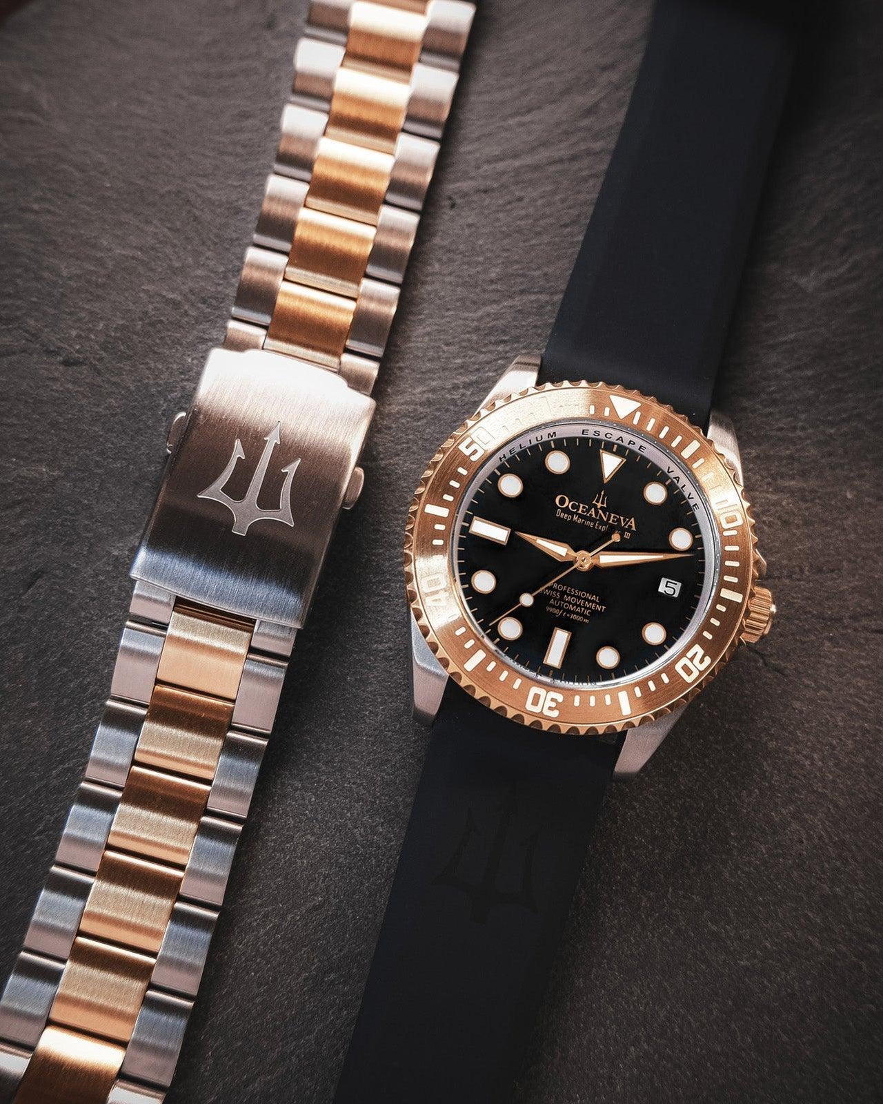 Oceaneva Men's Deep Marine Explorer III 3000M Pro Diver Watch Black Dial Rose Gold - RGIIIBK200ST 3000m, 3000M Dive Watch, 316L Stainless Steel, Automatic Watch, BGW9 Swiss Super-Luminova, Dive Watch, Rose Gold, Sw200-1 Swiss Automatic Movement, Swiss automatic movement