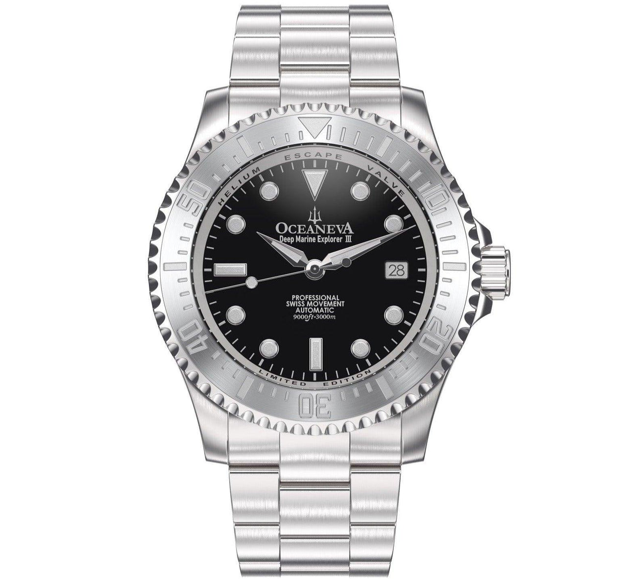 Oceaneva Men's Deep Marine Explorer III 3000M Pro Diver Watch Black Dial Stainless - STIIIBK200ST 3000m, 3000M Dive Watch, 316L Stainless Steel, Automatic Watch, BGW9 Swiss Super-Luminova, Dive Watch, Sw200-1 Swiss Automatic Movement