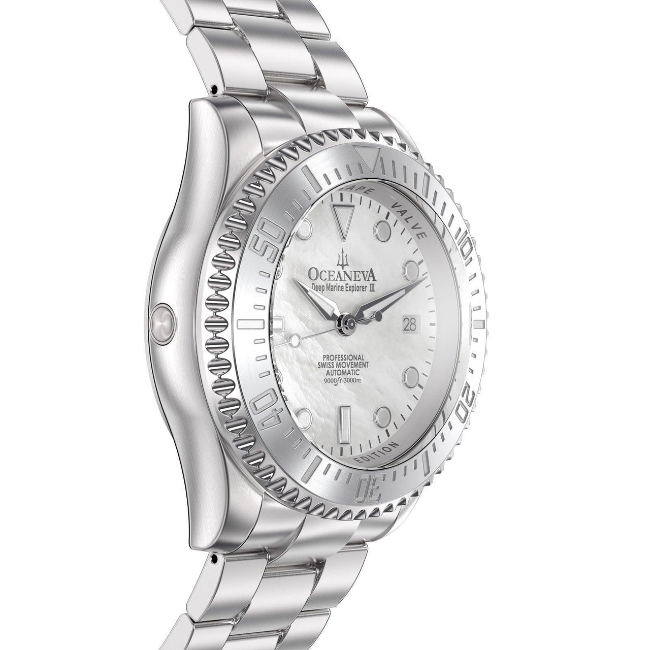 Oceaneva Men's Deep Marine Explorer III 3000M Pro Diver Watch White Mother Of Pearl Dial - STIIIWMP200ST 3000m, 3000M Dive Watch, 316L Stainless Steel, Automatic Watch, BGW9 Swiss Super-Luminova, Dive Watch, Sw200-1 Swiss Automatic Movement