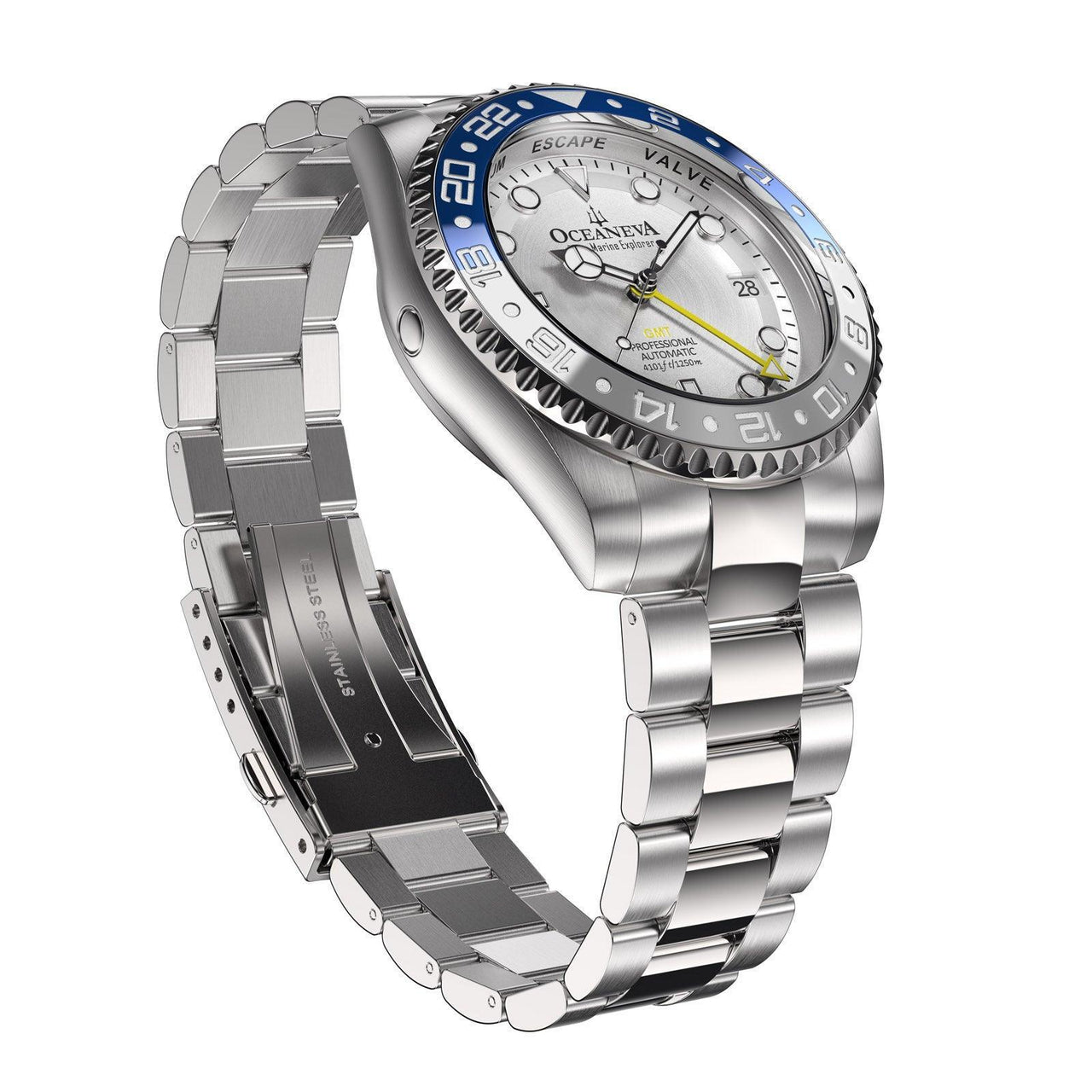 Oceaneva Men's Automatic GMT Watch 1250m Silver Dial Watch - WH.BL.NH.WH.GMT.ST automatic GMT watch, Automatic watches, Diver GMT, GMT Dive Watch, men's gmt watches