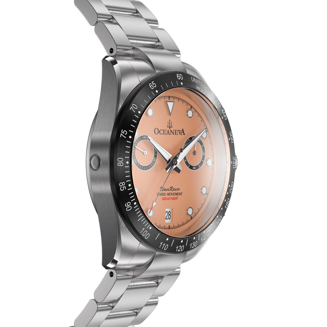Oceaneva Men's WaveRacer™ 500M Pro Diver Salmon Dial Chronograph Watch - WR.SL.BK.RH.ST 316L Stainless Steel Watch, 500M Diver, 500m Diver Watch, Chronograph, Chronograph Watch, dive watch, Precision Swiss Quartz Movement