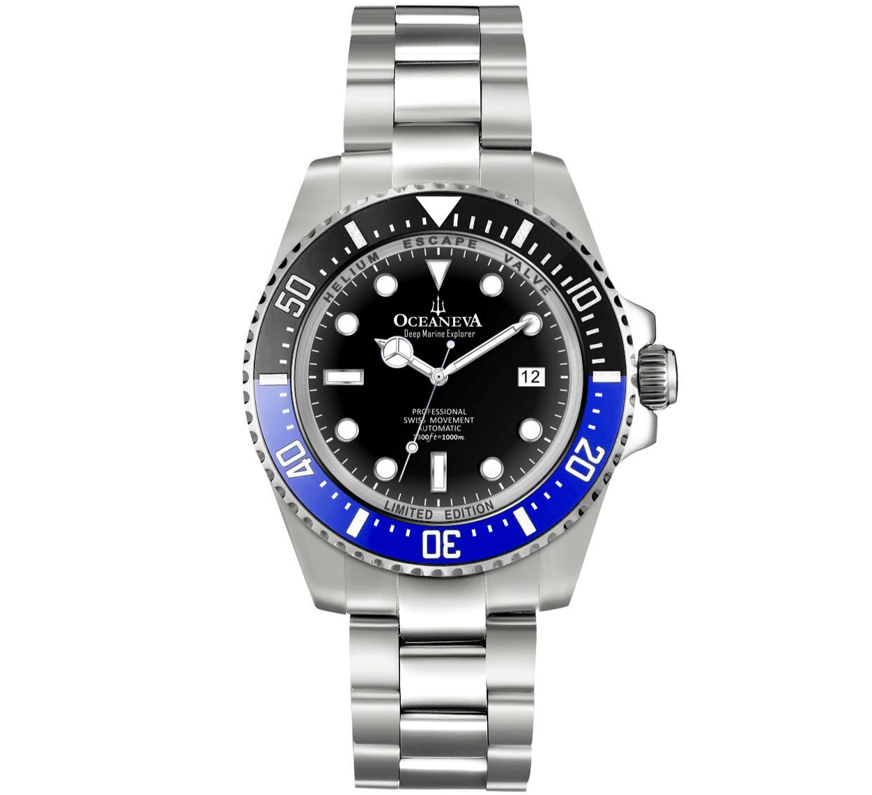 Oceaneva Men's Deep Marine Explorer 1000M Pro Diver Watch Blue and Black - BL200BKST 1000M, 1000m Dive watch, 316L Stainless Steel, BGW9 Swiss Super-Luminova, Ceramic Beze, Dive Watch, Sw200-1 Swiss Automatic Movement