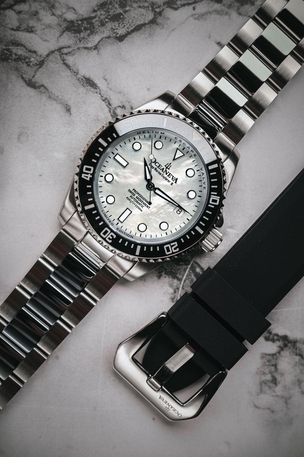 Oceaneva™ Men's Deep Marine Explorer II 1250M Pro Diver Watch White Mother Of Pearl - BKII200WHMOPST 1000M, 1250M diver, 316L Stainless Steel Watch, Automatic Watch, BGW9 Swiss-Superluminova, Ceramic Bezel, Dive Watch, Sw200-1 Swiss Automatic Movement