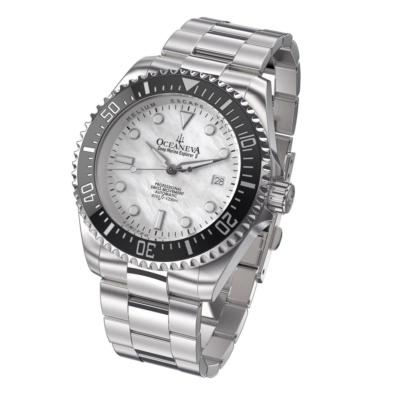 Oceaneva™ Men's Deep Marine Explorer II 1250M Pro Diver Watch White Mother Of Pearl - BKII200WHMOPST 1000M, 1250M diver, 316L Stainless Steel Watch, Automatic Watch, BGW9 Swiss-Superluminova, Ceramic Bezel, Dive Watch, Sw200-1 Swiss Automatic Movement