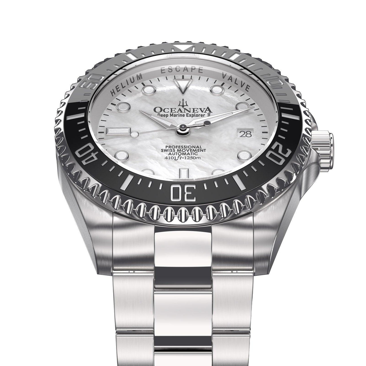 Oceaneva™ Men's Deep Marine Explorer II 1250M Pro Diver Watch White Mother Of Pearl - BKII200WHMOPST 1000M, 1250M diver, 316L Stainless Steel Watch, Automatic Watch, BGW9 Swiss-Superluminova, Ceramic Bezel, Dive Watch, Sw200-1 Swiss Automatic Movement