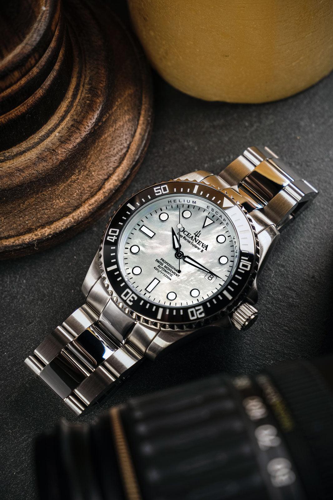 Oceaneva™ Men's Deep Marine Explorer II 1250M Pro Diver Watch White Mother Of Pearl - BKII200WHMOPST 1000M, 1250M diver, 316L Stainless Steel Watch, Automatic Watch, BGW9 Swiss-Superluminova, Ceramic Bezel, Dive Watch, Sw200-1 Swiss Automatic Movement