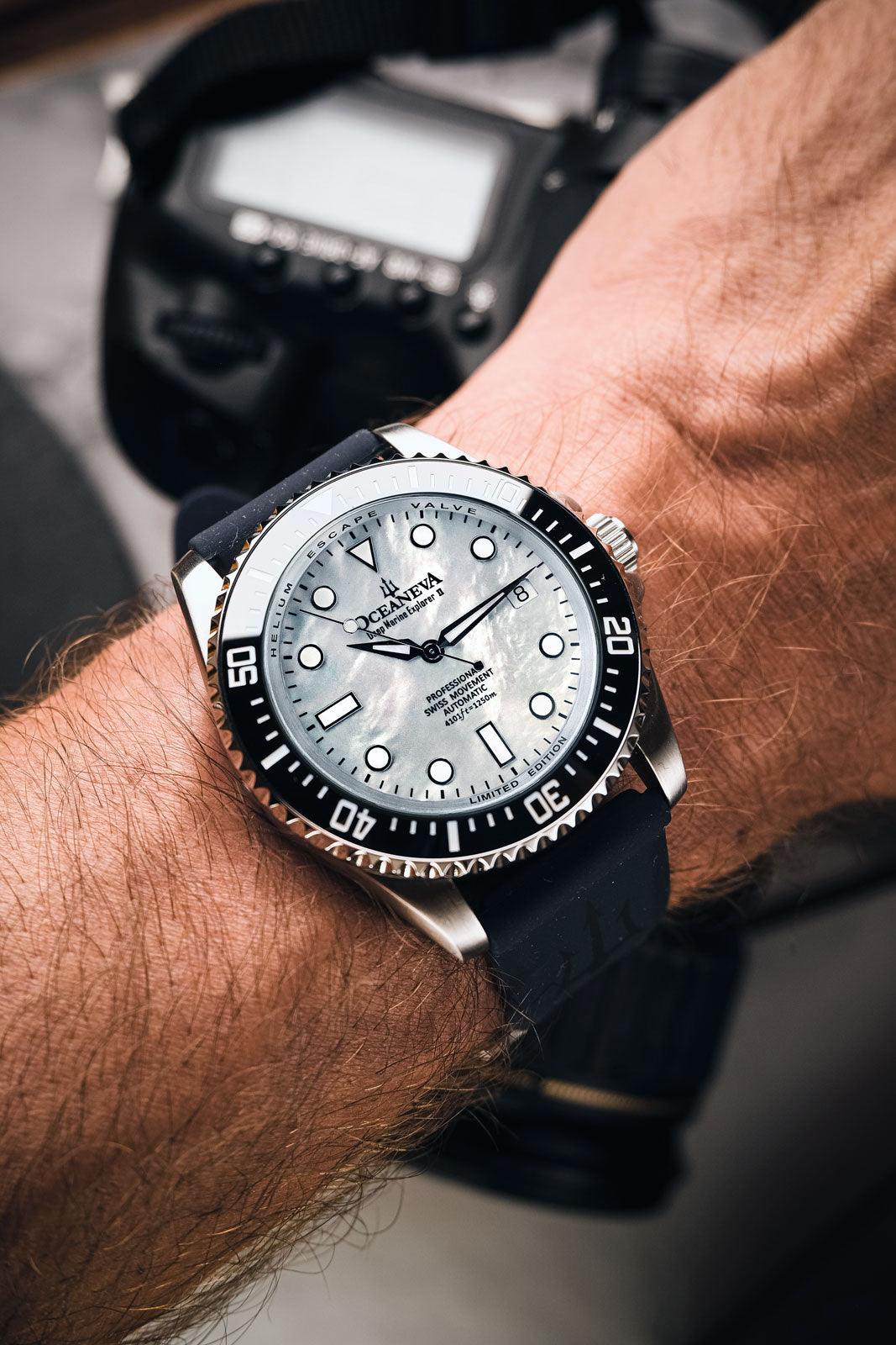 Oceaneva™ Men's Deep Marine Explorer II 1250M Pro Diver Watch White Mother Of Pearl - BKII200WHMOPST 1000M, 1250M diver, 316L Stainless Steel Watch, Automatic Watch, BGW9 Swiss-Superluminova, Ceramic Bezel, Dive Watch, Sw200-1 Swiss Automatic Movement